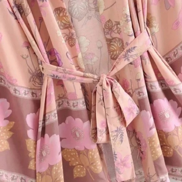 Pink Festival Bohemian Flower Floral Boho Printed Short Kimono Robe Tunic Wrap - Picture 14 of 14